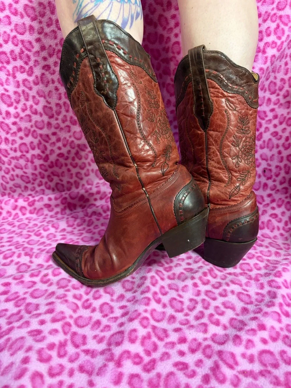 Corral Two Toned Brown Leather Cowgirl Boots Sz 9 - Picture 5 of 10